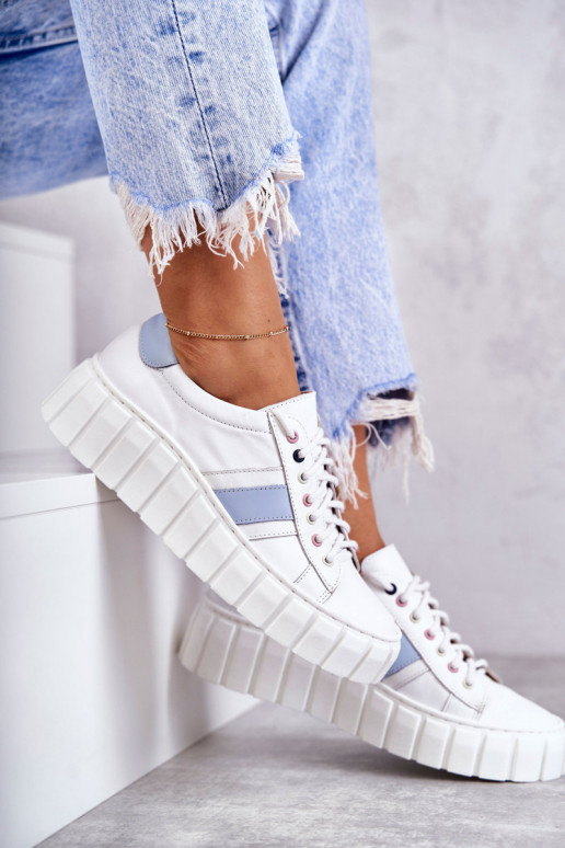 Femenino Piel zapatillas con correas Blanco-color azul Ariva Femenino Piel zapatillas con correas Blanco-color azul Ariva