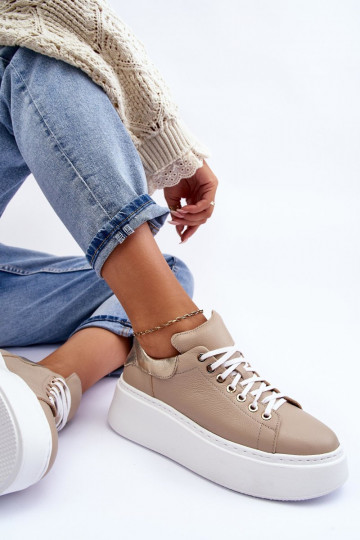 Zapatillas deportivas de piel para mujer con plataforma color arena Lemar 10150