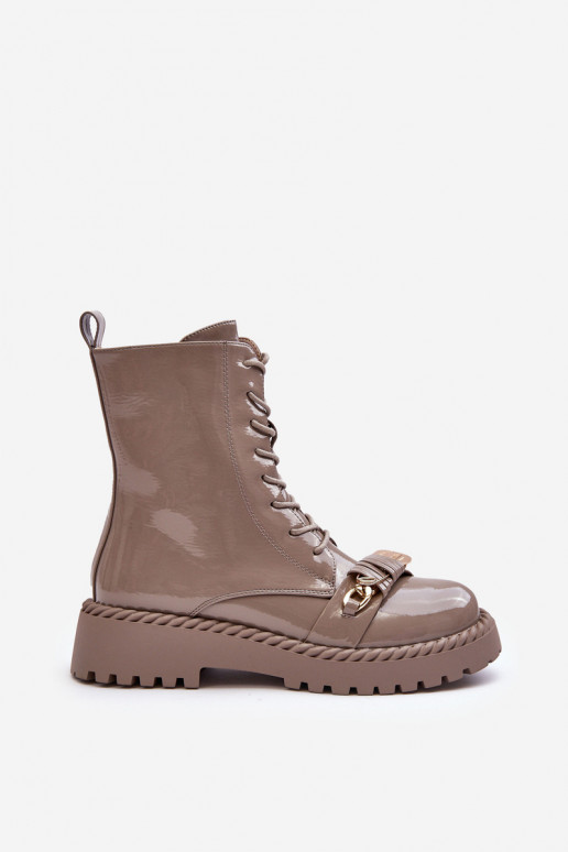 Femenino con efecto barniz botines de trabajo con adornos beige S.Barski MR870-67