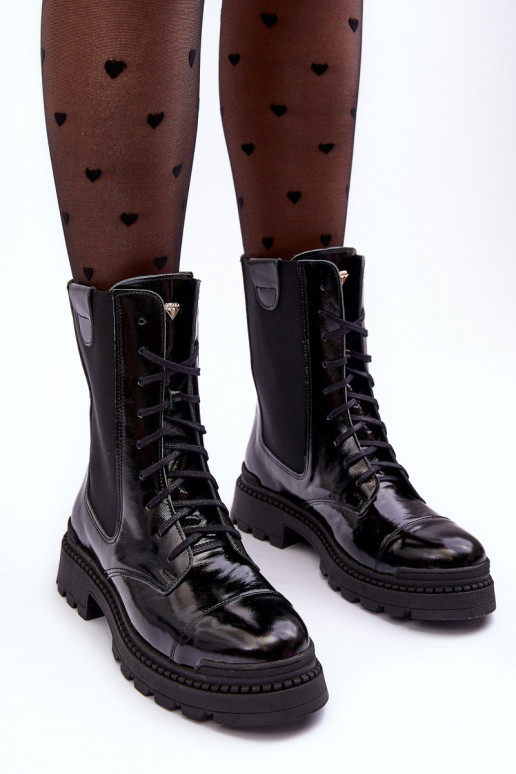 Piel Femenino botines de trabajo con cordones de color negro Nicole 2836