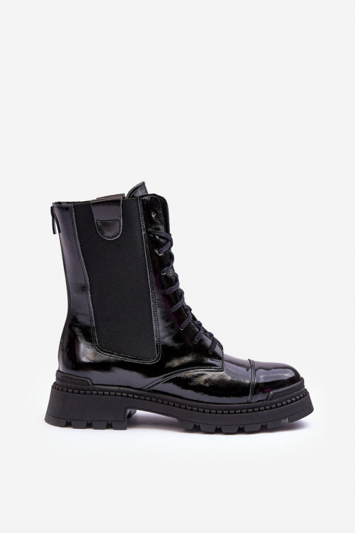 Piel Femenino botines de trabajo con cordones de color negro Nicole 2836