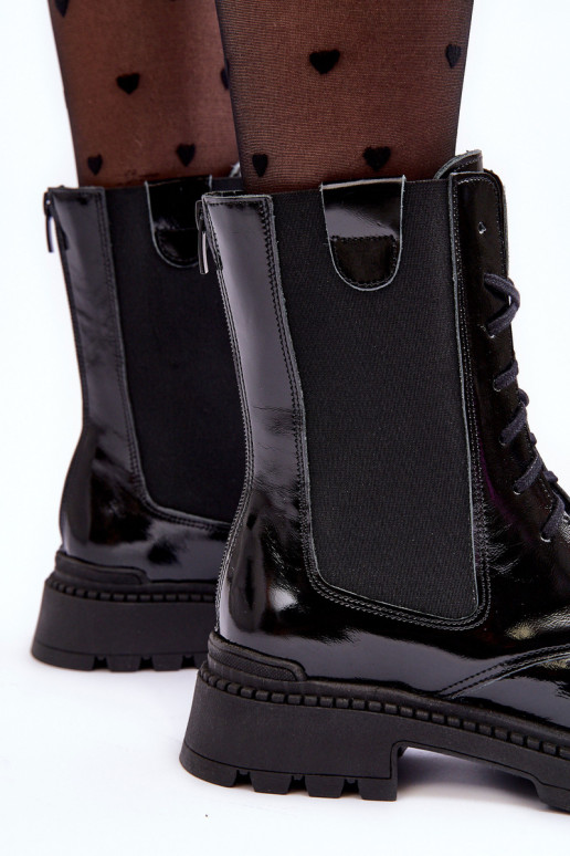 Piel Femenino botines de trabajo con cordones de color negro Nicole 2836