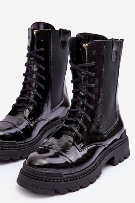 Piel Femenino botines de trabajo con cordones de color negro Nicole 2836