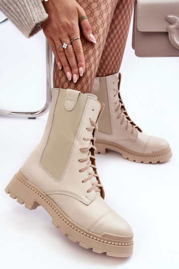 Botas de trabajo de cuero para mujer con cordones color marfil Nicole 2836