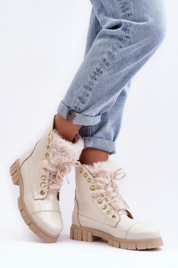 Botines de cuero con pelo para mujer color marfil LeĮskis 3296