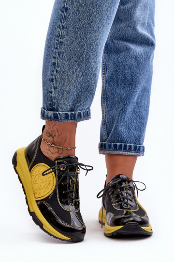 Femenino zapatillas Piel Tiene queciejka 06295-01 Negro y-color amarillo