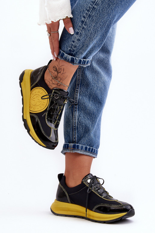 Femenino zapatillas Piel Tiene queciejka 06295-01 Negro y-color amarillo Femenino zapatillas Piel Tiene queciejka 06295-01 Negro y-color amarillo
