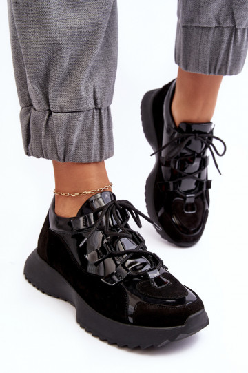 Zapatillas deportivas femeninas de cuero con efecto charol M01/2 Zazoo color negro