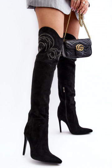 Botas largas para mujer sobre la rodilla con tacones delgados color negro Vessy 2