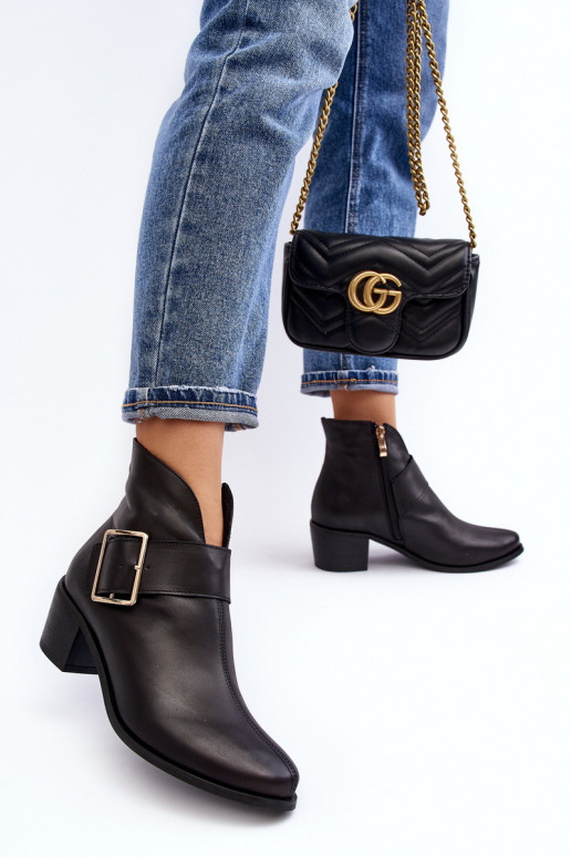 Piel Botas de mujer con tacones bajos con hebillas de color negro Liliane