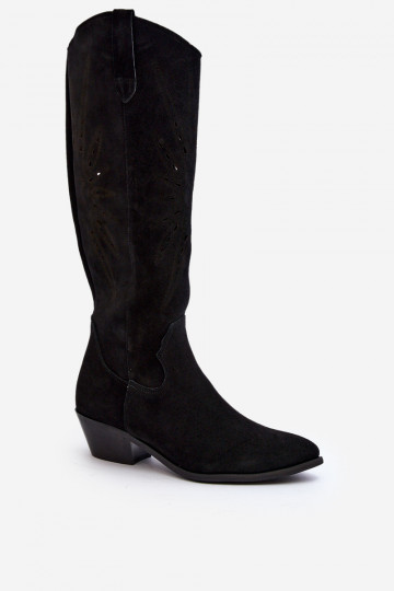 Botas altas de ante con detalles de calado de tacón bajo color negro