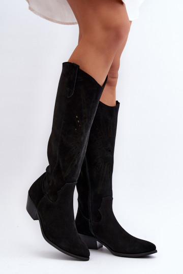 Botas altas de ante con detalles de calado de tacón bajo color negro 2