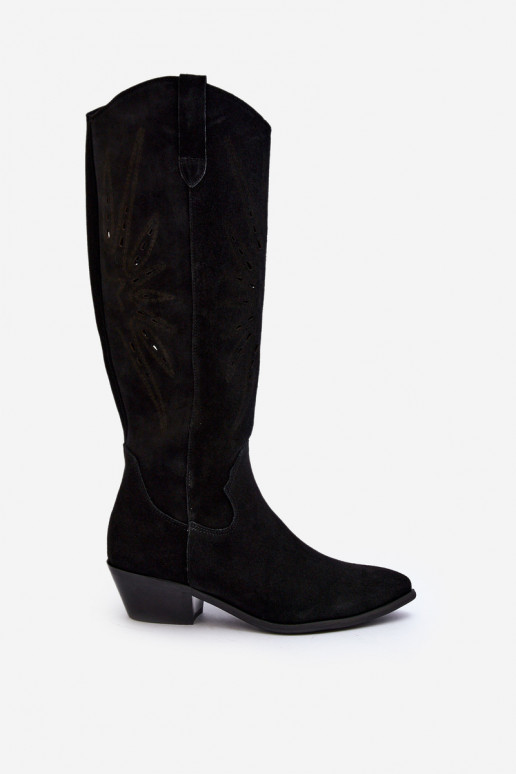 Zazoo 2909 de gamuza botas con elementos calados En un tacón bajo de color negro