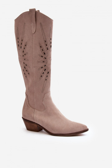 Botas altas de ante con detalles de calado de tacón bajo color arena 2