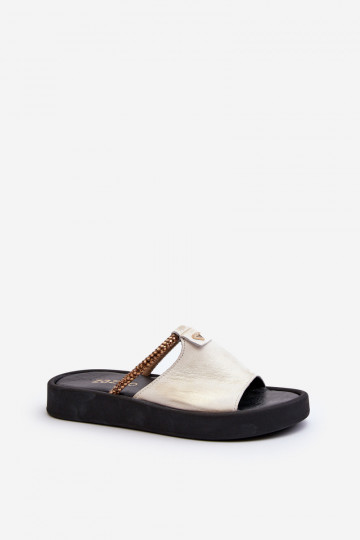 Chanclas de cuero para mujer color blanco y dorado