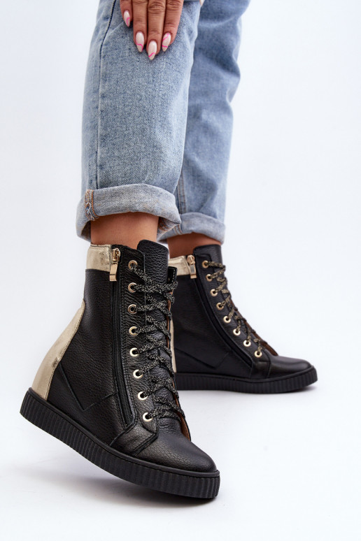 Zazoo 3081 Piel Zapatos de ocio en una cuña de color negro Zazoo 3081 Piel Zapatos de ocio en una cuña de color negro