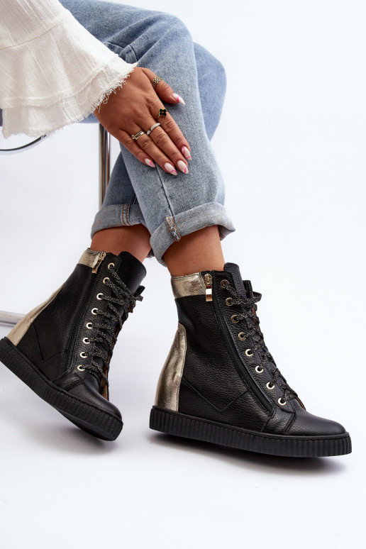 Zazoo 3081 Piel Zapatos de ocio en una cuña de color negro Zazoo 3081 Piel Zapatos de ocio en una cuña de color negro