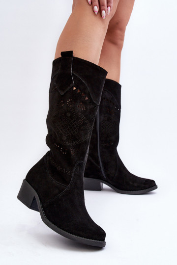 Botas altas de ante de bajo tacón con elementos de calado Zazoo 4043 color negro 2