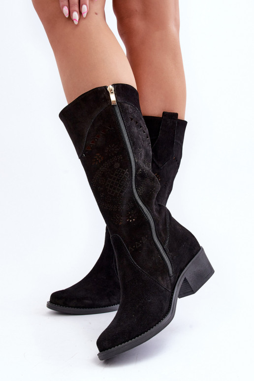 Zazoo 4043 de gamuza botas En un tacón bajo con elementos calados de color negro