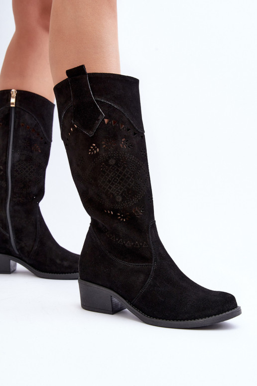 Zazoo 4043 de gamuza botas En un tacón bajo con elementos calados de color negro