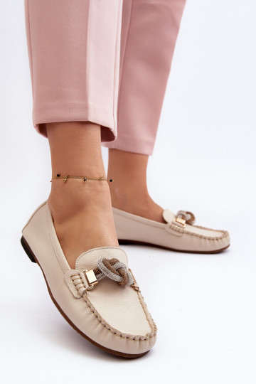 Mocasines de cuero para mujer con adornos Laura Messi 2761 color marfil