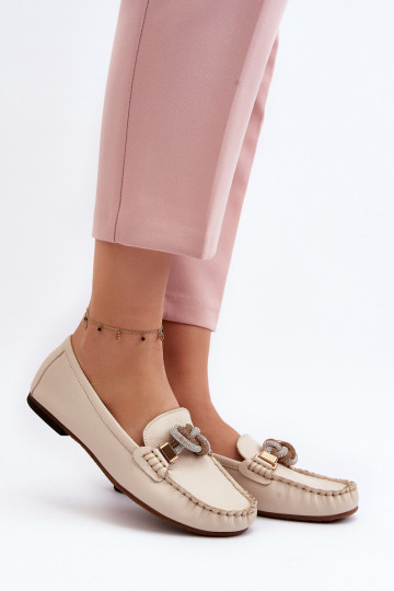 Mocasines de cuero para mujer con adornos Laura Messi 2761 color marfil 2