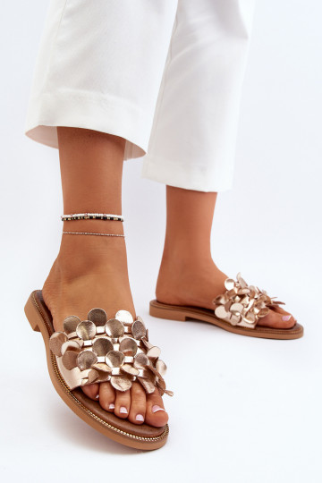 Zapatillas de cuero para mujer con tacones anchos Zazoo 40381 color dorado