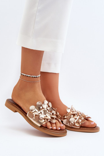 Zapatillas de cuero para mujer con tacones anchos Zazoo 40381 color dorado 2