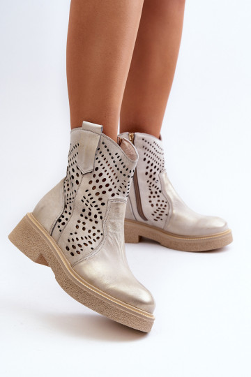 Zazoo 3470 Piel Botas de mujer con tacones anchos con elementos calados color dorado Limpiado 2