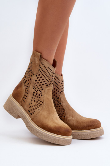 Zazoo 3470 Zapatos de gamuza Femenino con tacones anchos con elementos calados beige 2