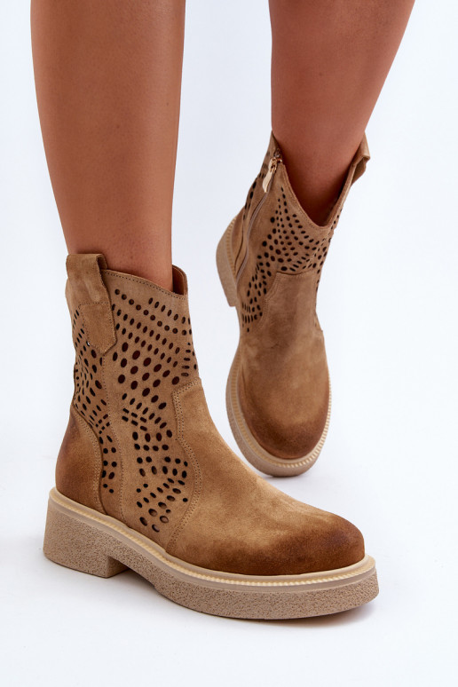 Zazoo 3470 Zapatos de gamuza Femenino con tacones anchos con elementos calados beige Zazoo 3470 Zapatos de gamuza Femenino con tacones anchos con elementos calados beige