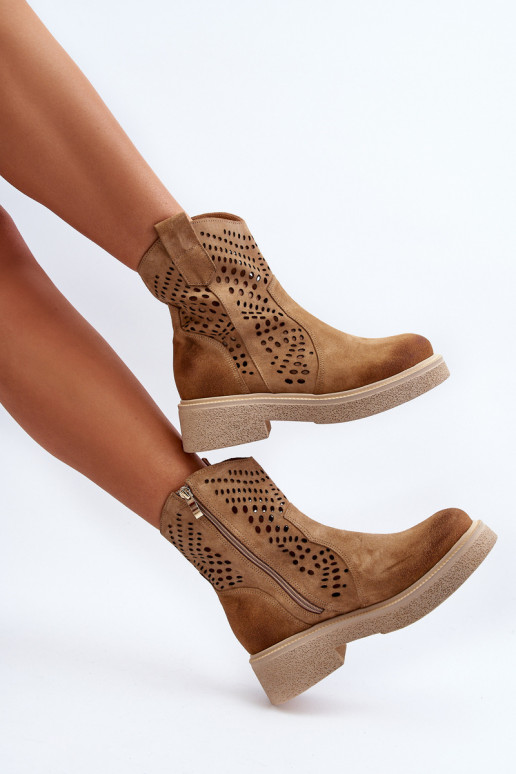 Zazoo 3470 Zapatos de gamuza Femenino con tacones anchos con elementos calados beige Zazoo 3470 Zapatos de gamuza Femenino con tacones anchos con elementos calados beige