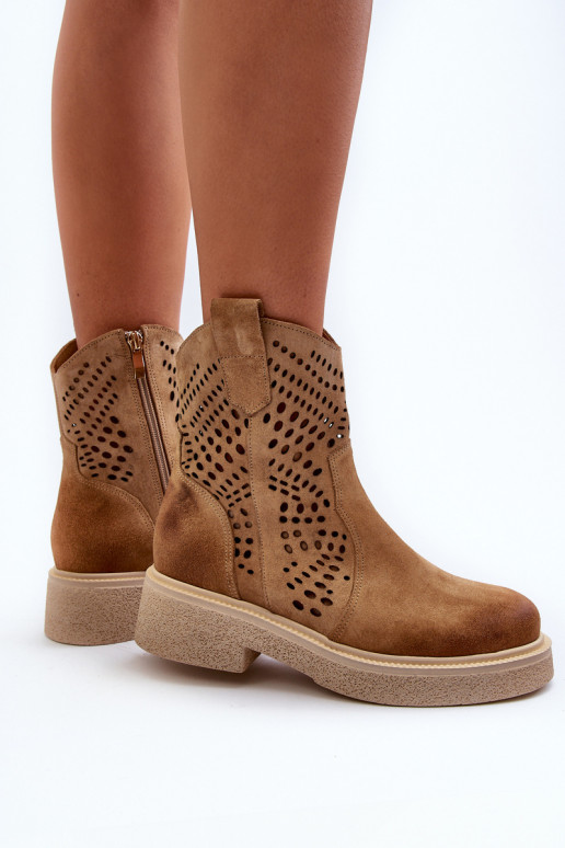 Zazoo 3470 Zapatos de gamuza Femenino con tacones anchos con elementos calados beige Zazoo 3470 Zapatos de gamuza Femenino con tacones anchos con elementos calados beige