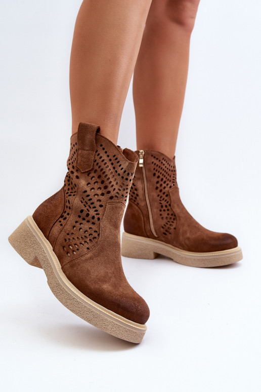 Zazoo 3470 Zapatos de gamuza Femenino con tacones anchos con elementos calados color marrón