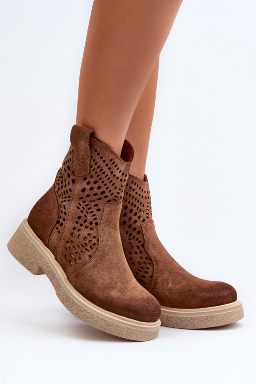 Zazoo 3470 Zapatos de gamuza Femenino con tacones anchos con elementos calados color marrón