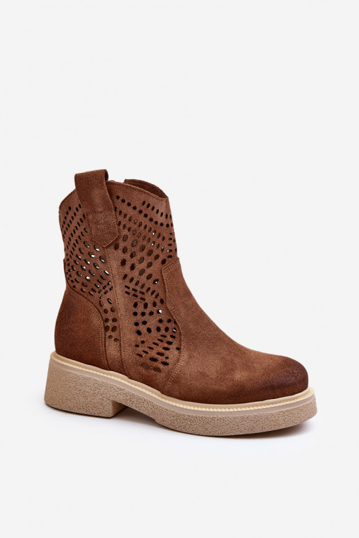 Zazoo 3470 Zapatos de gamuza Femenino con tacones anchos con elementos calados color marrón