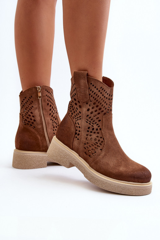 Zazoo 3470 Zapatos de gamuza Femenino con tacones anchos con elementos calados color marrón