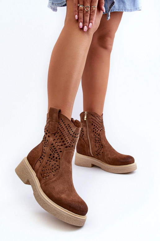 Zazoo 3470 Zapatos de gamuza Femenino con tacones anchos con elementos calados color marrón