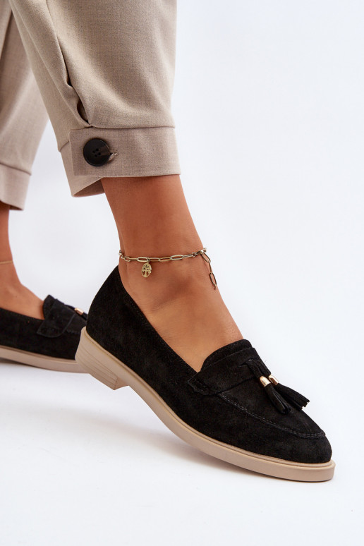 Zazoo 3420 Mocasines de ante Femenino con tacones anchos de color negro Zazoo 3420 Mocasines de ante Femenino con tacones anchos de color negro