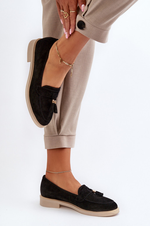 Zazoo 3420 Mocasines de ante Femenino con tacones anchos de color negro Zazoo 3420 Mocasines de ante Femenino con tacones anchos de color negro