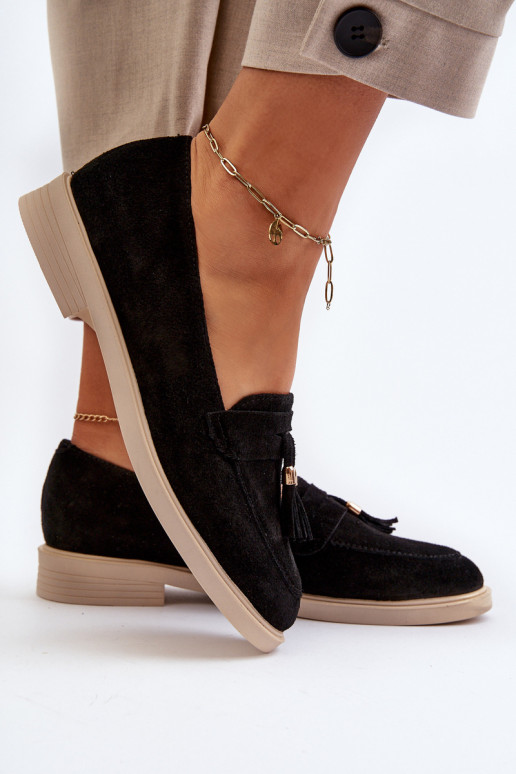 Zazoo 3420 Mocasines de ante Femenino con tacones anchos de color negro Zazoo 3420 Mocasines de ante Femenino con tacones anchos de color negro