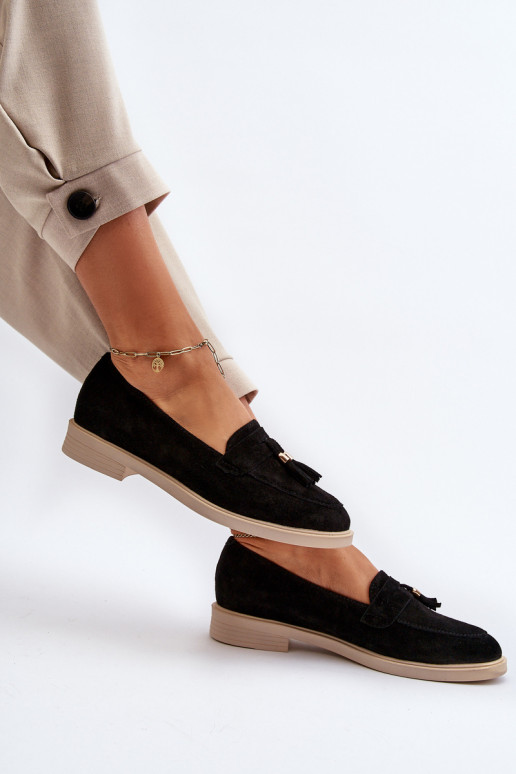 Zazoo 3420 Mocasines de ante Femenino con tacones anchos de color negro Zazoo 3420 Mocasines de ante Femenino con tacones anchos de color negro