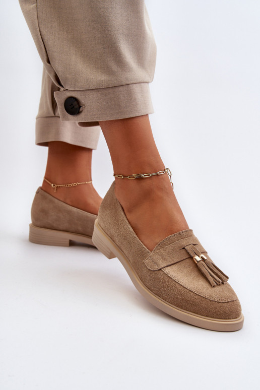 Zazoo 3420 Mocasines de ante Femenino con tacones anchos beige Zazoo 3420 Mocasines de ante Femenino con tacones anchos beige