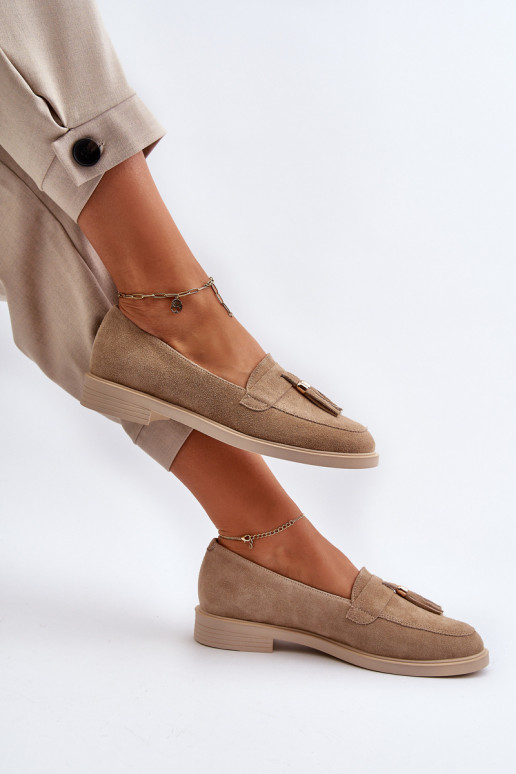 Zazoo 3420 Mocasines de ante Femenino con tacones anchos beige Zazoo 3420 Mocasines de ante Femenino con tacones anchos beige