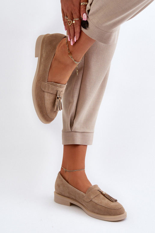 Zazoo 3420 Mocasines de ante Femenino con tacones anchos beige Zazoo 3420 Mocasines de ante Femenino con tacones anchos beige