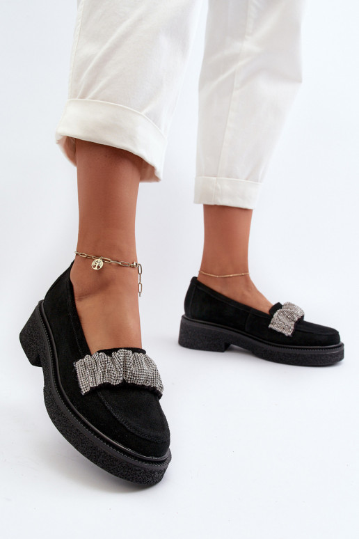 Zazoo 3419 mocasines de mujer de gamuza Con cinta decorativa de color negro Zazoo 3419 mocasines de mujer de gamuza Con cinta decorativa de color negro