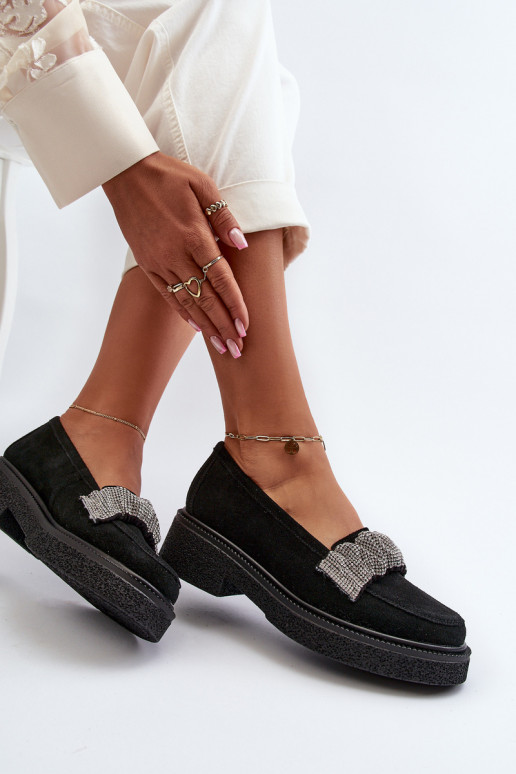 Zazoo 3419 mocasines de mujer de gamuza Con cinta decorativa de color negro Zazoo 3419 mocasines de mujer de gamuza Con cinta decorativa de color negro