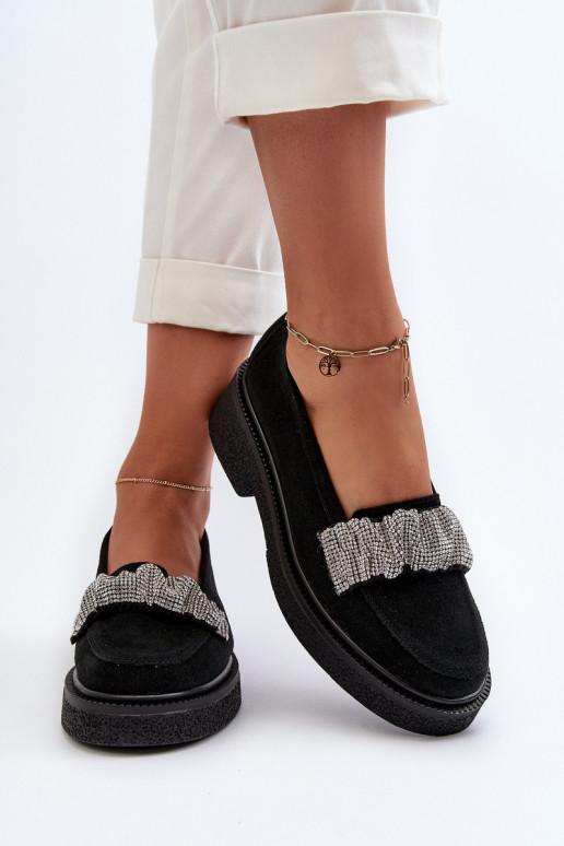 Zazoo 3419 mocasines de mujer de gamuza Con cinta decorativa de color negro Zazoo 3419 mocasines de mujer de gamuza Con cinta decorativa de color negro