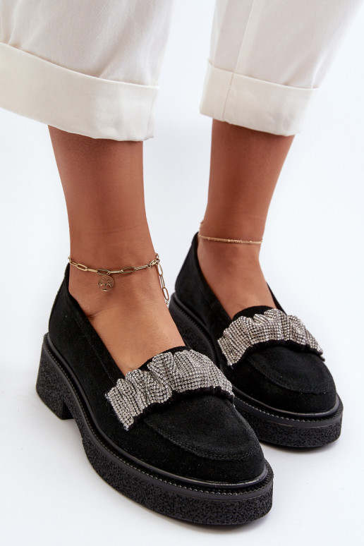 Zazoo 3419 mocasines de mujer de gamuza Con cinta decorativa de color negro Zazoo 3419 mocasines de mujer de gamuza Con cinta decorativa de color negro