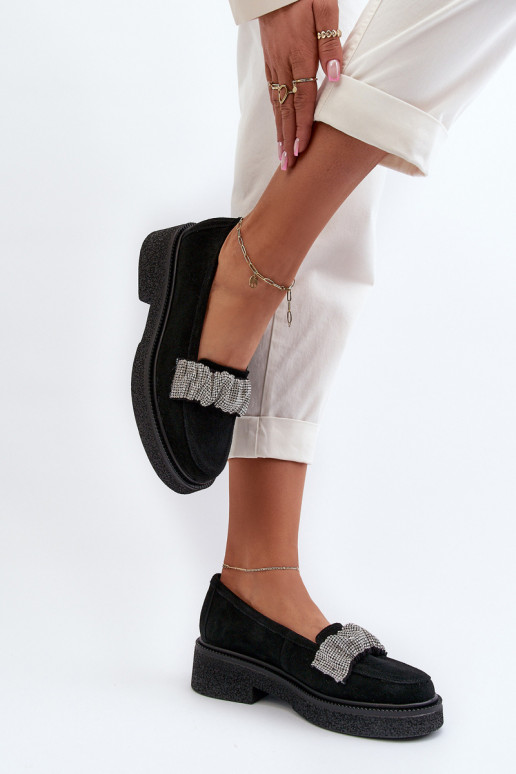 Zazoo 3419 mocasines de mujer de gamuza Con cinta decorativa de color negro Zazoo 3419 mocasines de mujer de gamuza Con cinta decorativa de color negro